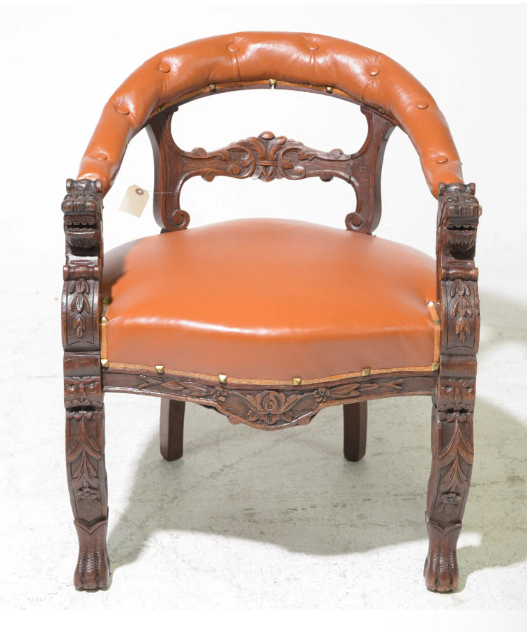 Ren  Style Carved Oak Barrel Back Chair 31.5h