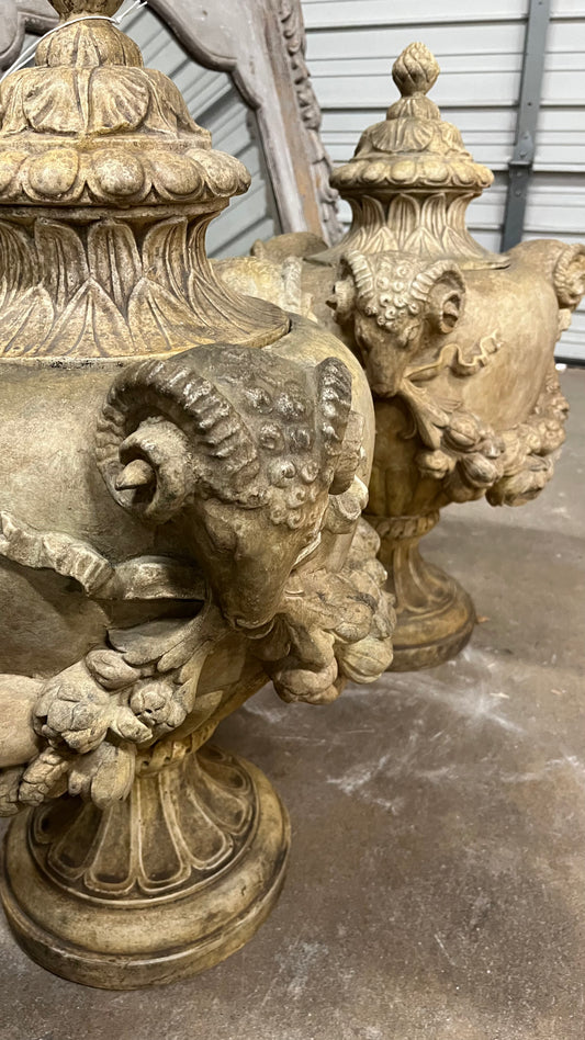 PAIR Ebanista Style Rams Head Urns 18dx31h