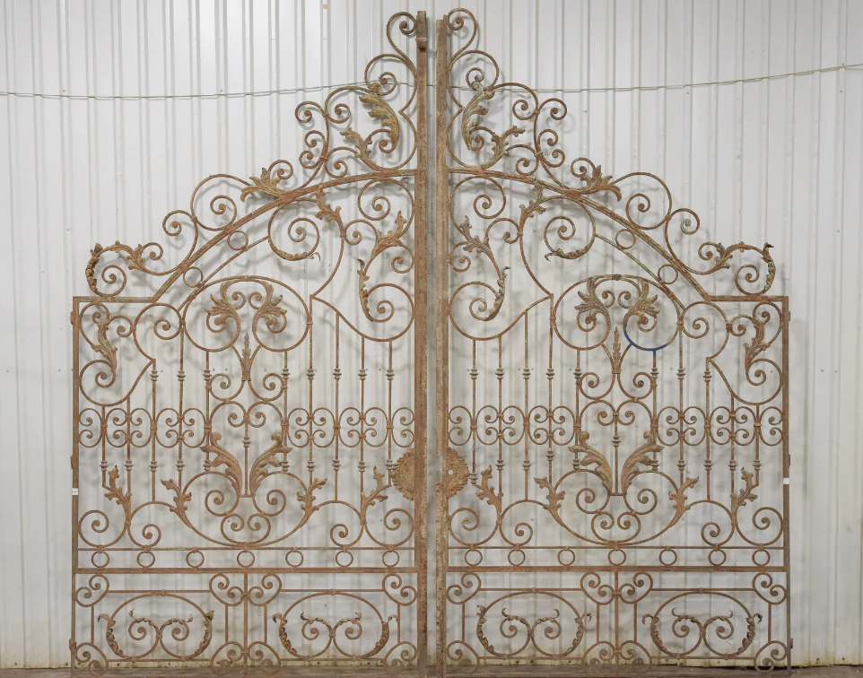 Pair of Monumental Ornate Iron Gates 13.7'h x 12.9'w