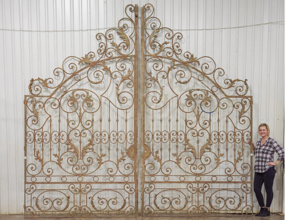 Pair of Monumental Ornate Iron Gates 13.7'h x 12.9'w