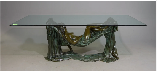 Bronze Art Deco Nude Sculptural Table w/ Glass 84x48x3h