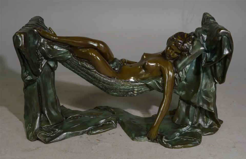 Bronze Art Deco Nude Sculptural Table w/ Glass 84x48x3h