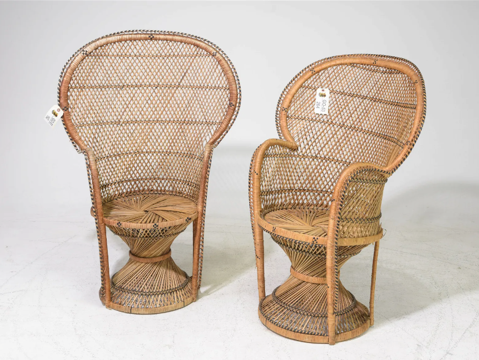 Pair Tiki Style His/Hers Peacock Chairs 47h/44h