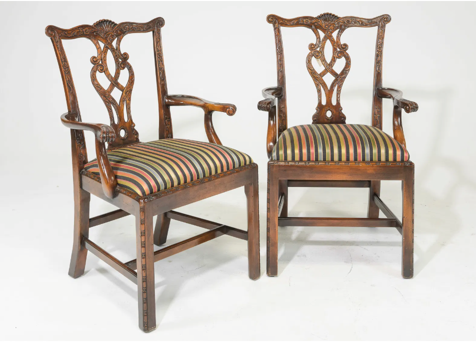 Set/2 Chippendale Style Oak Arm Chairs