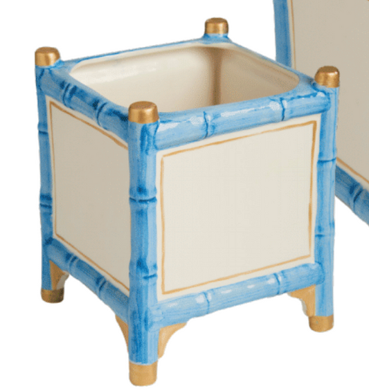 Bamboo Cachepot Blue/Wht 6x6x7.5"h