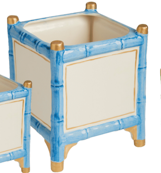 Bamboo Cachepot Blue/Wht 7x7x9"h